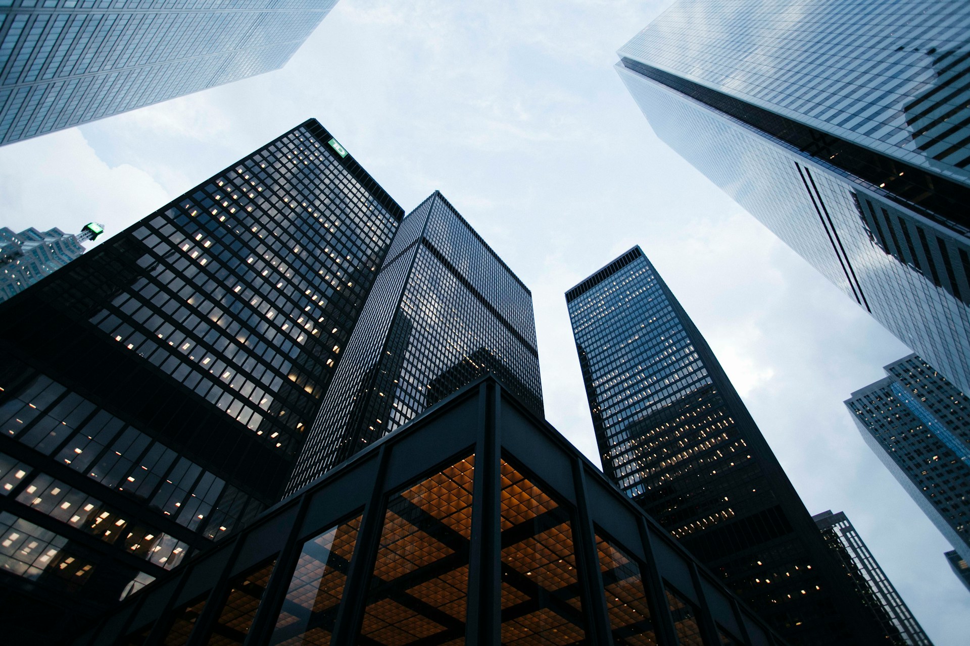 An upwards shot of skyscrapers