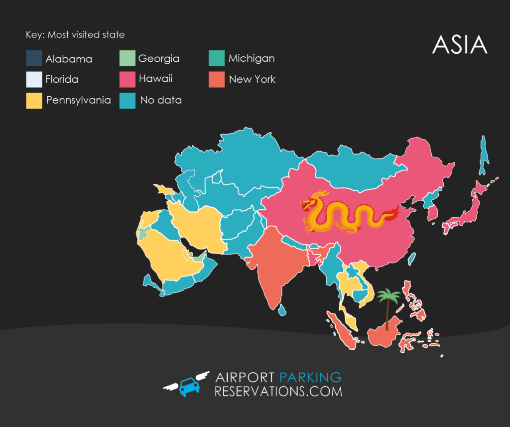 A map of the most visited states in Asia