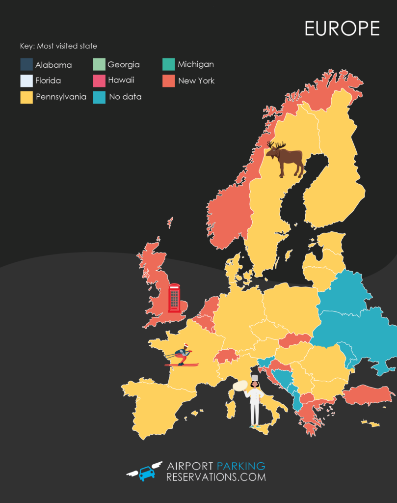 A map of the most visited U.S. states in Europe