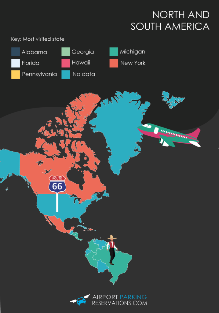 A map of the most visited states in North and South America