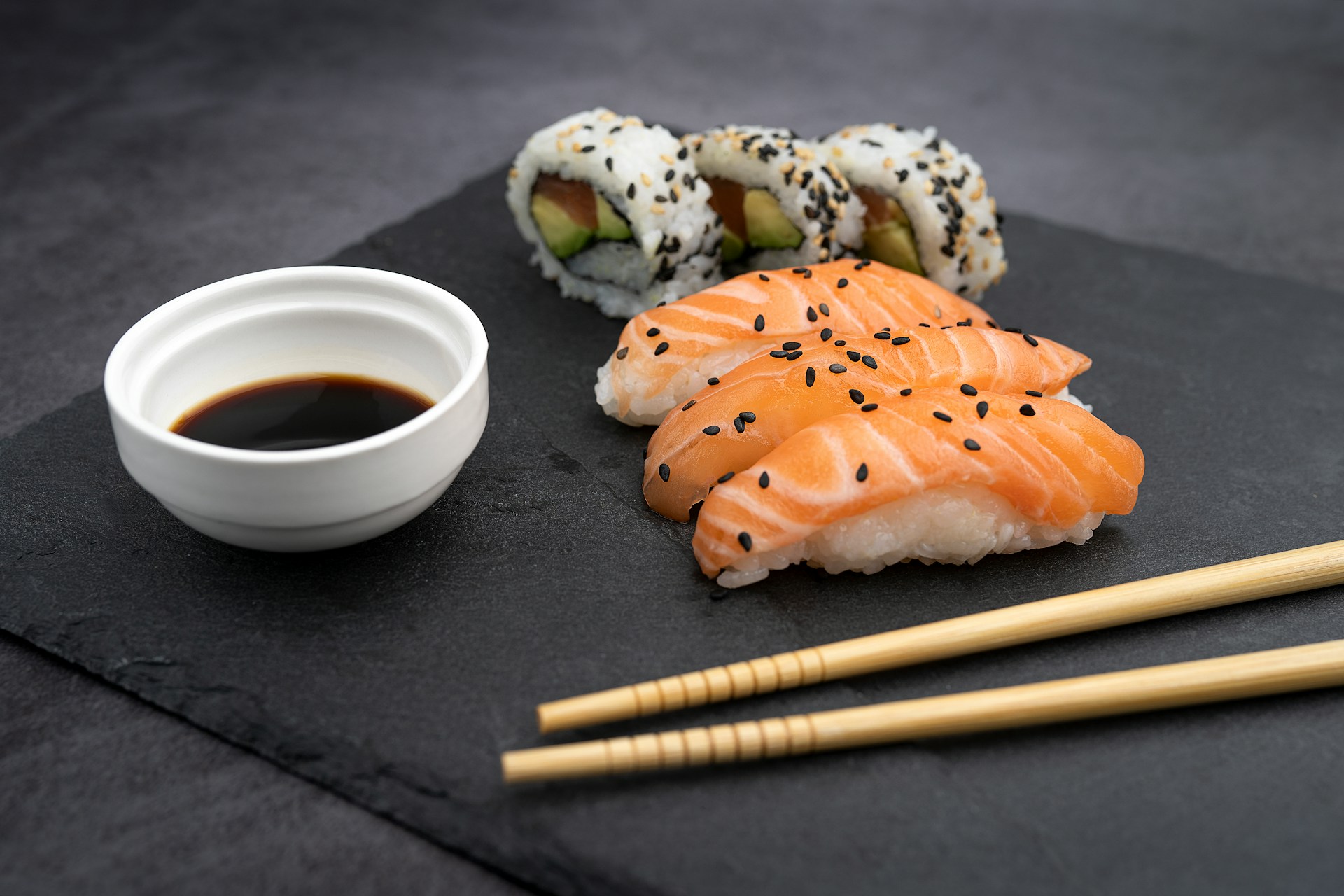 Sushi plate with chopsticks and soy sauce