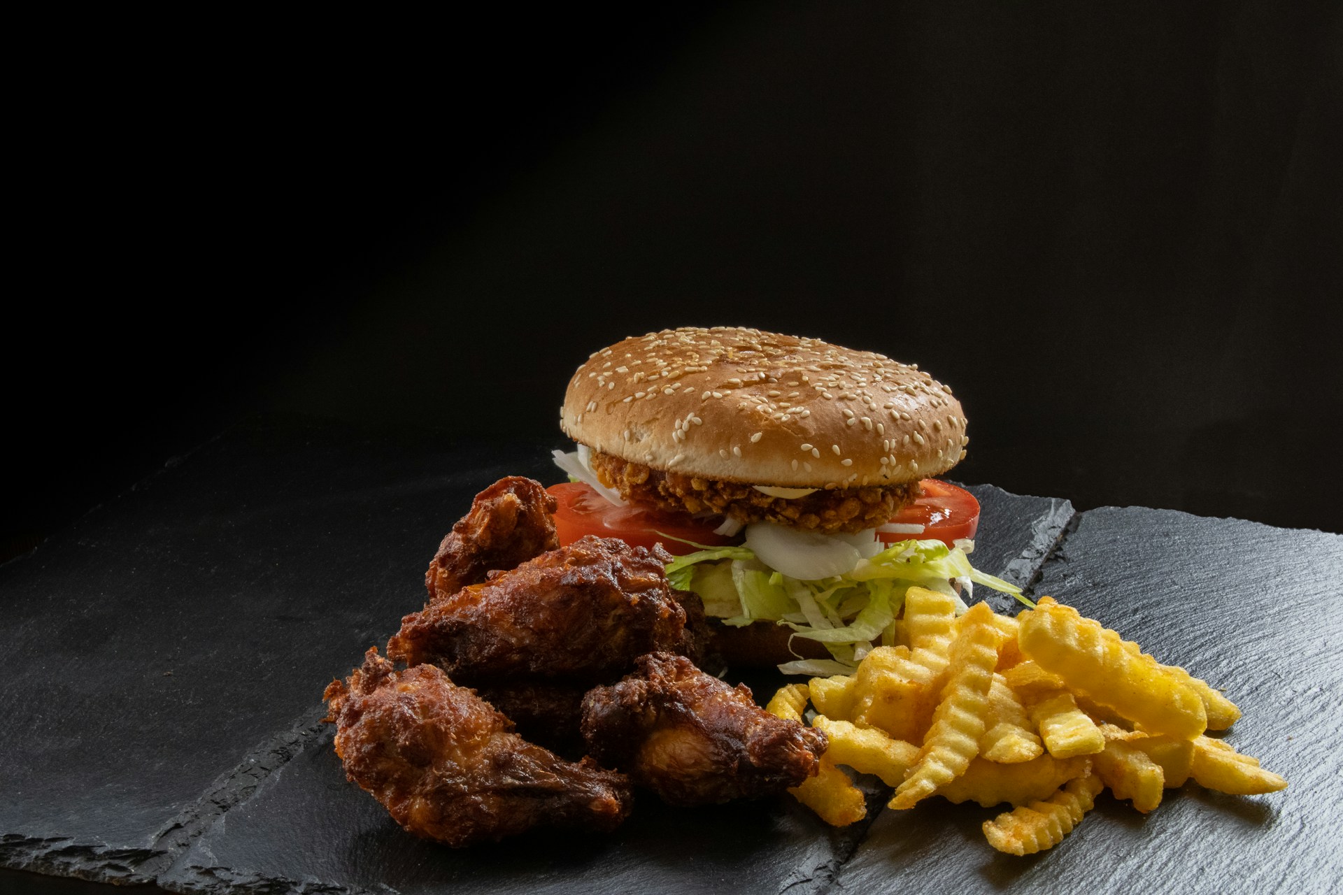 Chicken burger on black background