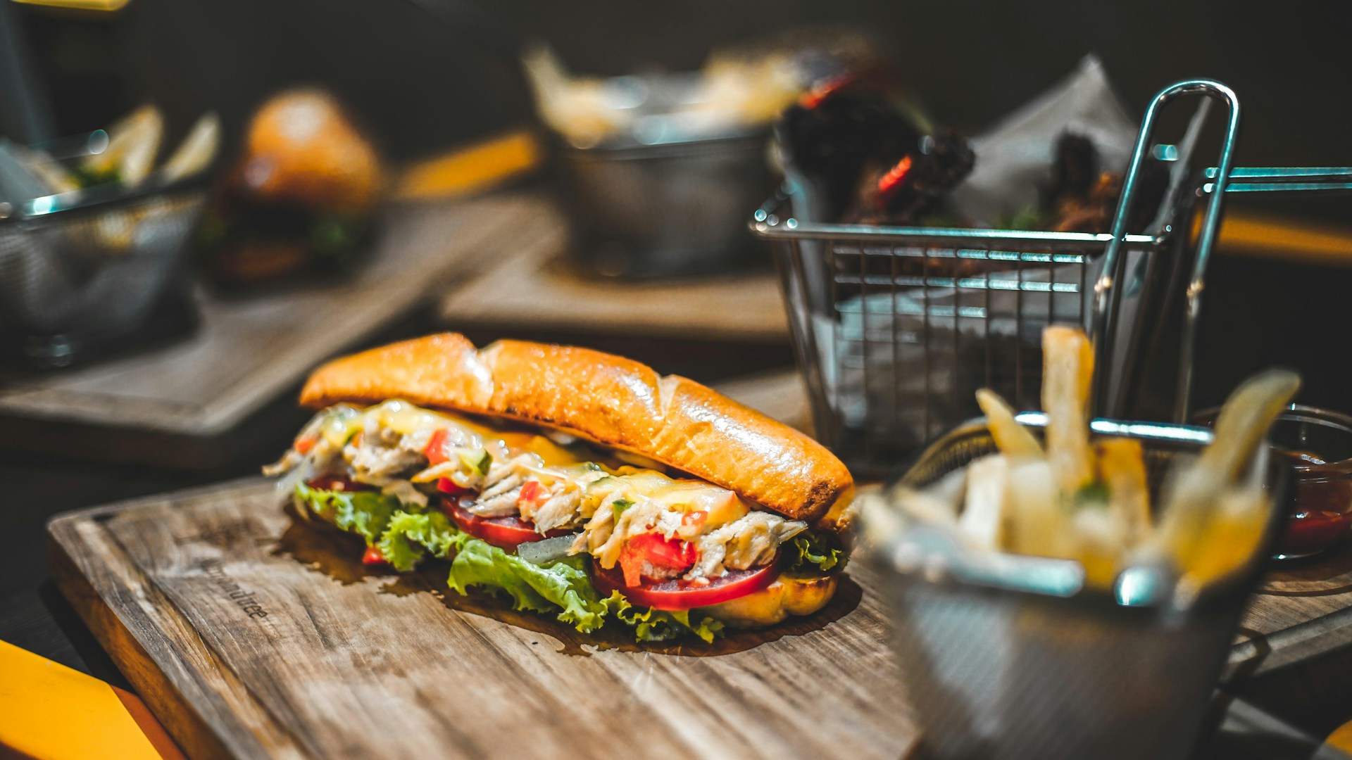 burger, sub, and fries