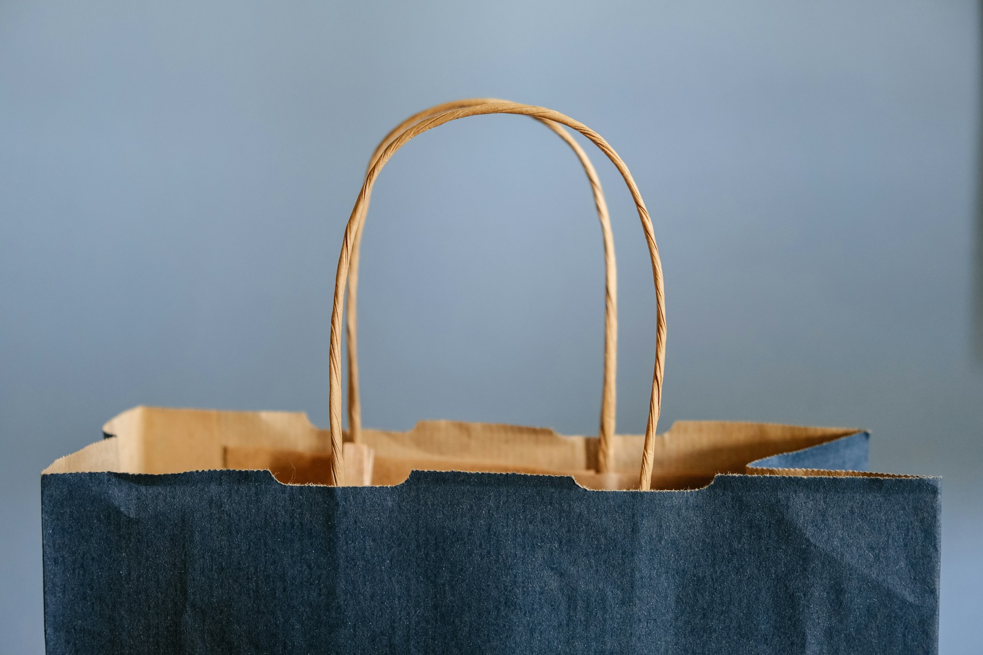 blue and brown paper tote bag