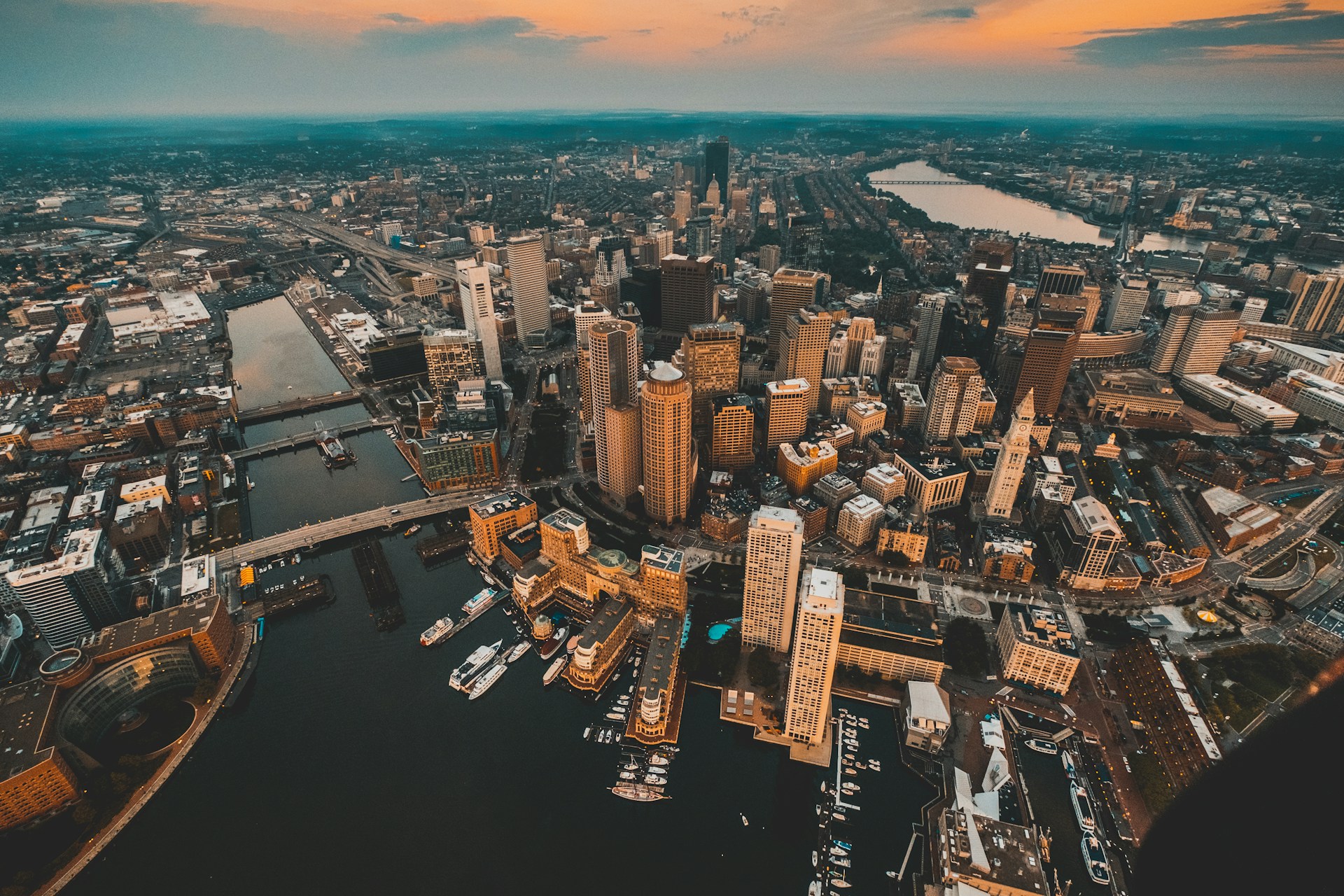 An overhead view of buildings in Boston