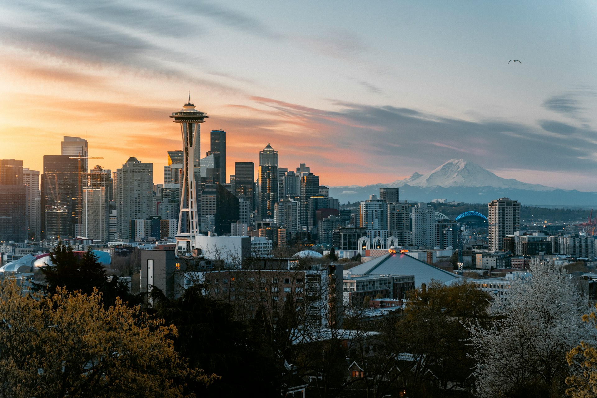 The skyline of Seattle at sunset