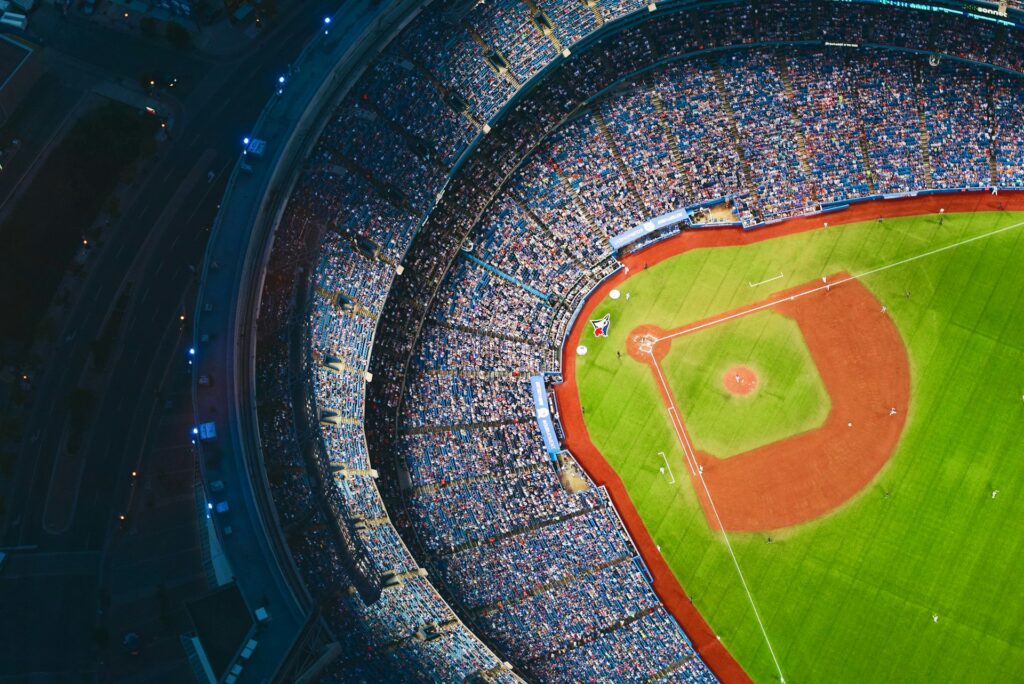 A baseball stadium packed with spectators