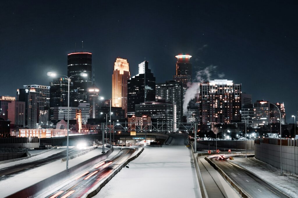 A snowy open road in Minneapolis