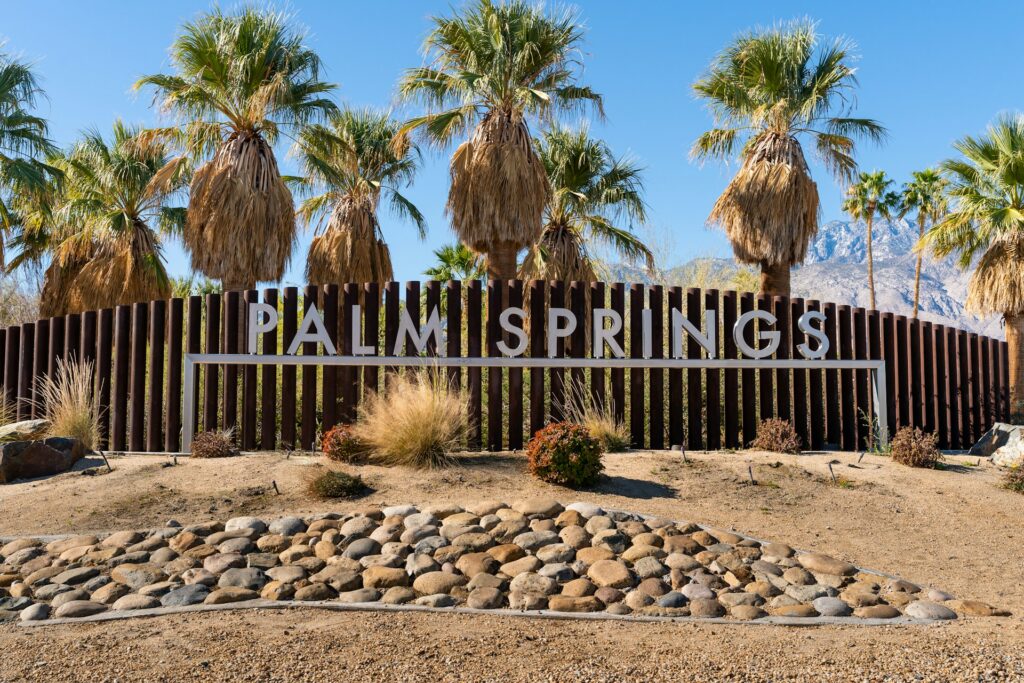 Palm Springs sign with a wooden fence and palm trees behind it