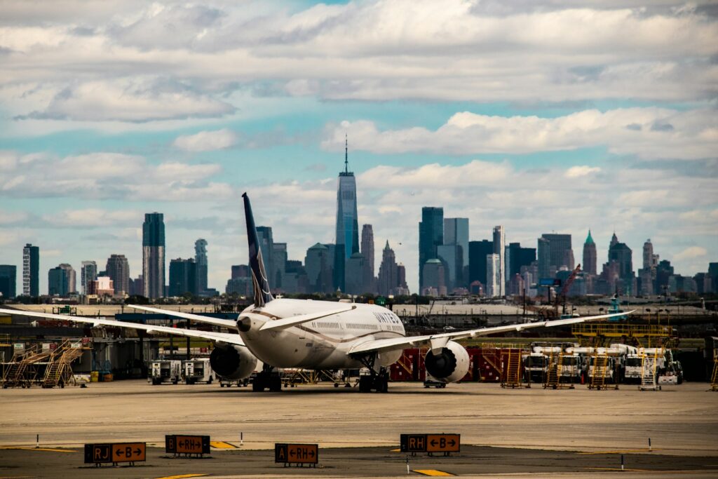 A plane grounded at Newark Airport