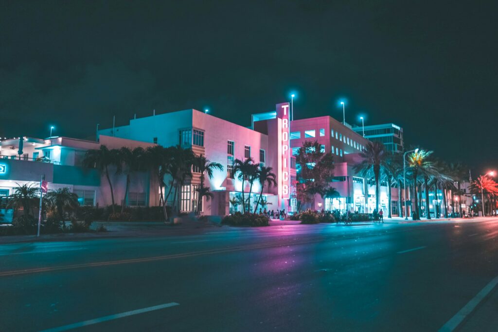 A bright street in Miami with neon lighting