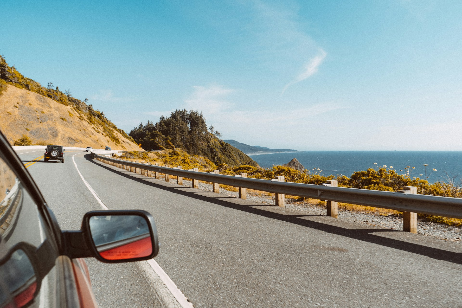 View from a window of a car driving along the Pacific Coast Highway