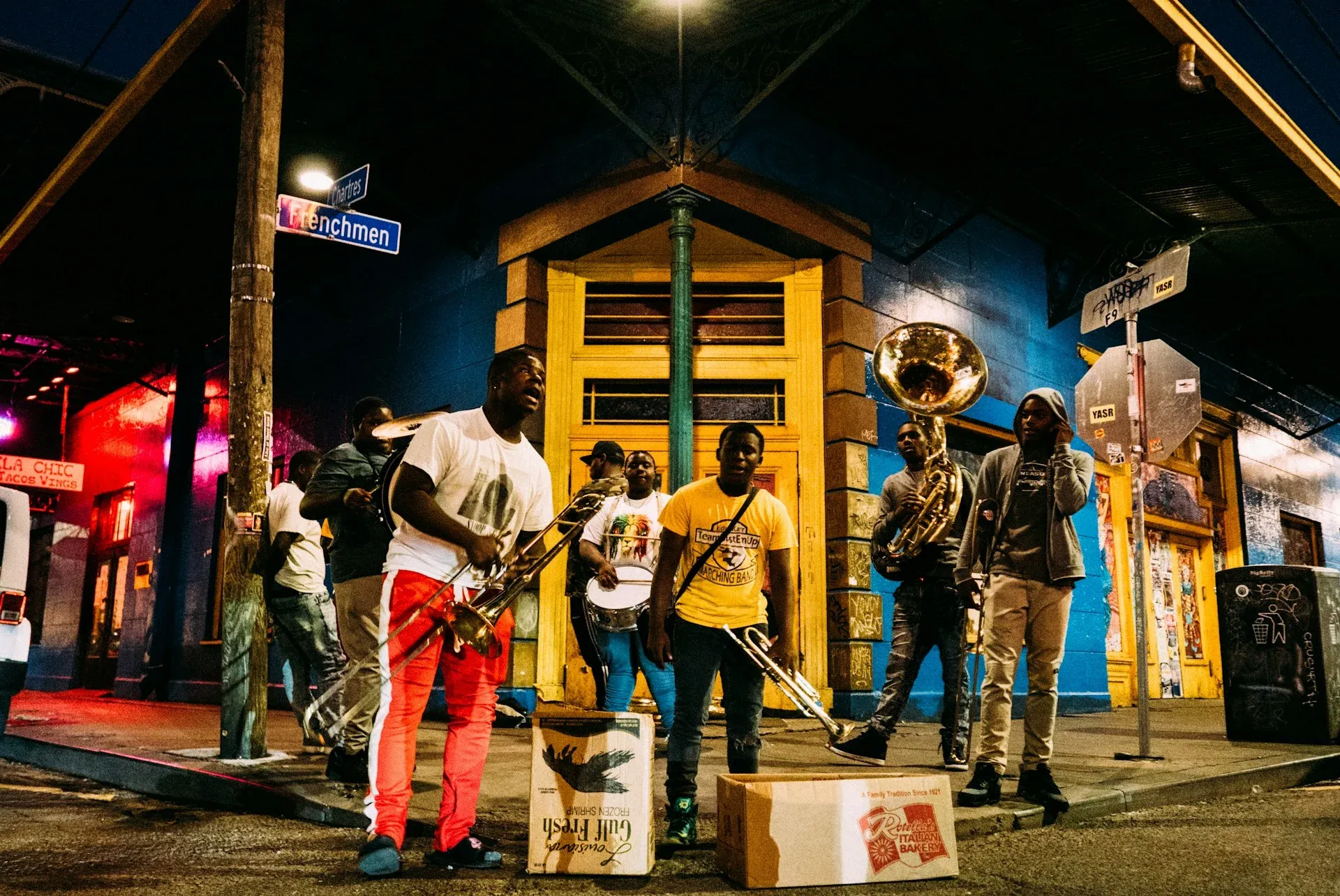 jazz band in the street at night