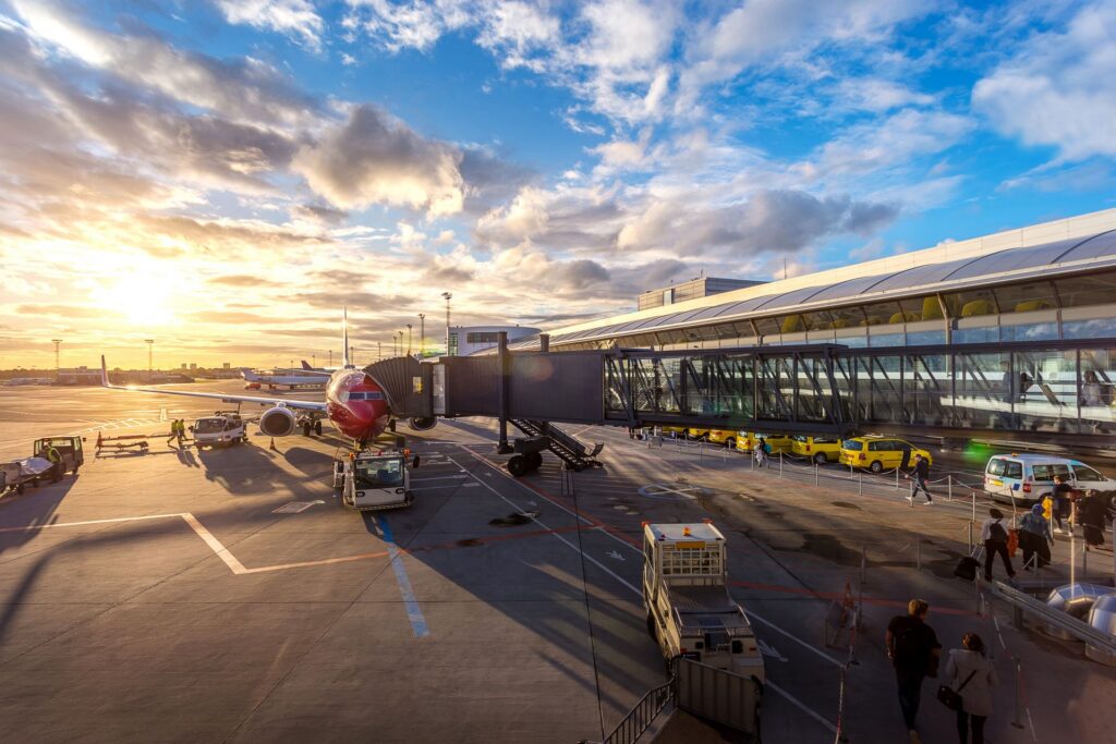 Sunrise over an airport terminal